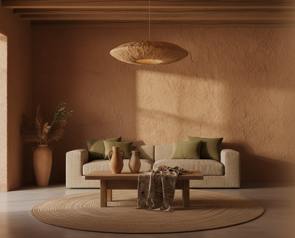 Minimal, cleand desert-modern interior with a sculptural ceiling light.