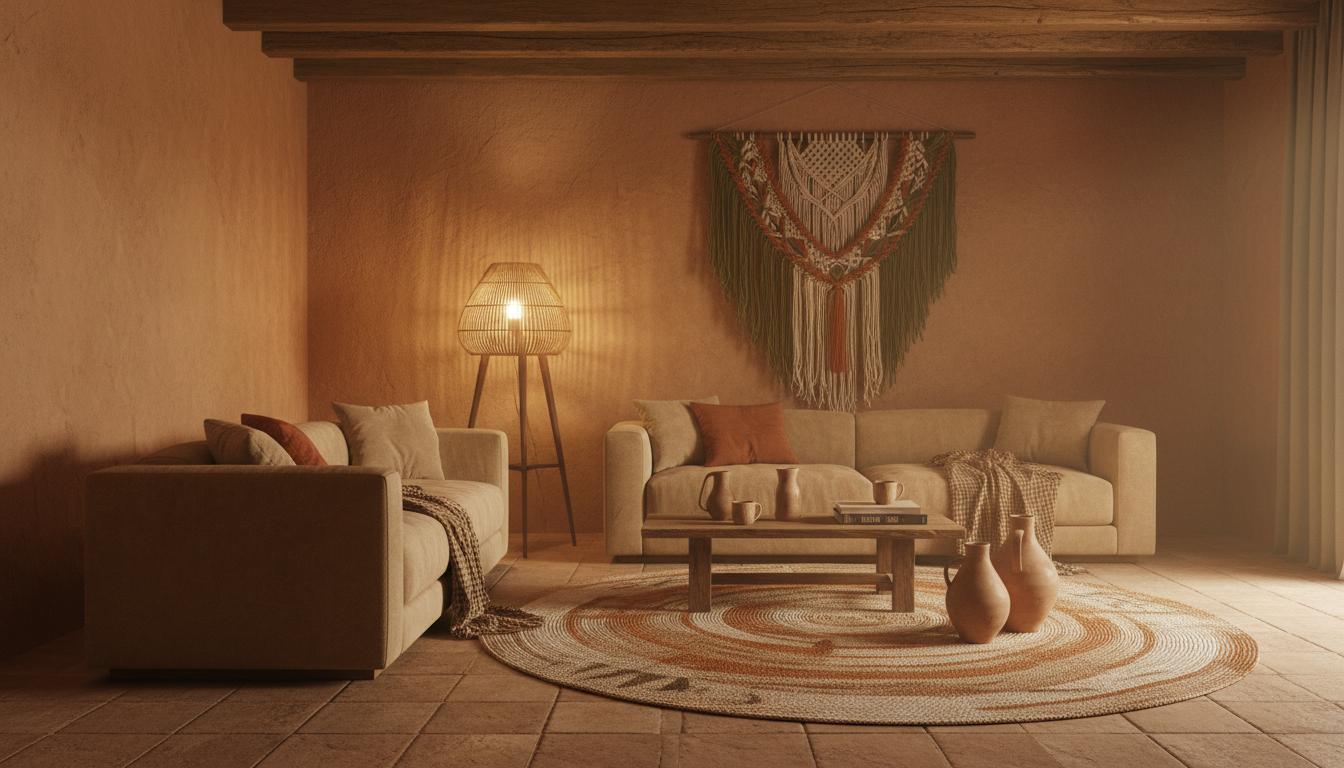 A cozy reading corner with a handcrafted table lamp on a wooden side table.