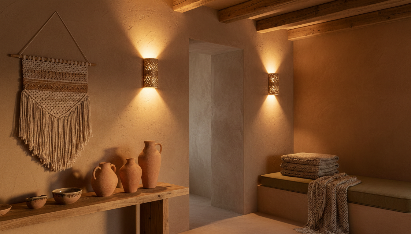 Artisan wall sconces illuminating an entryway.