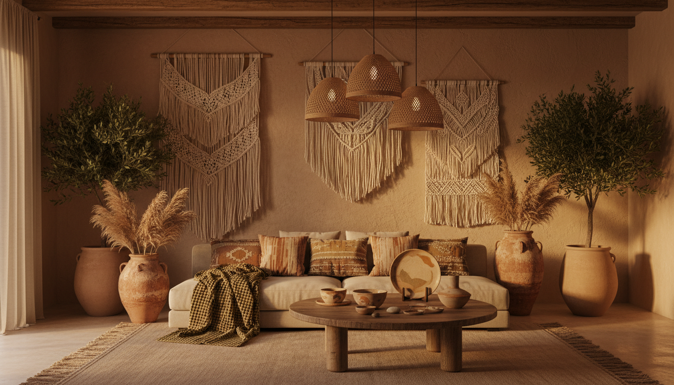 Cozy living room with a beige sofa, wooden coffee table, and decorative wall hangings and artisan pendant lights.