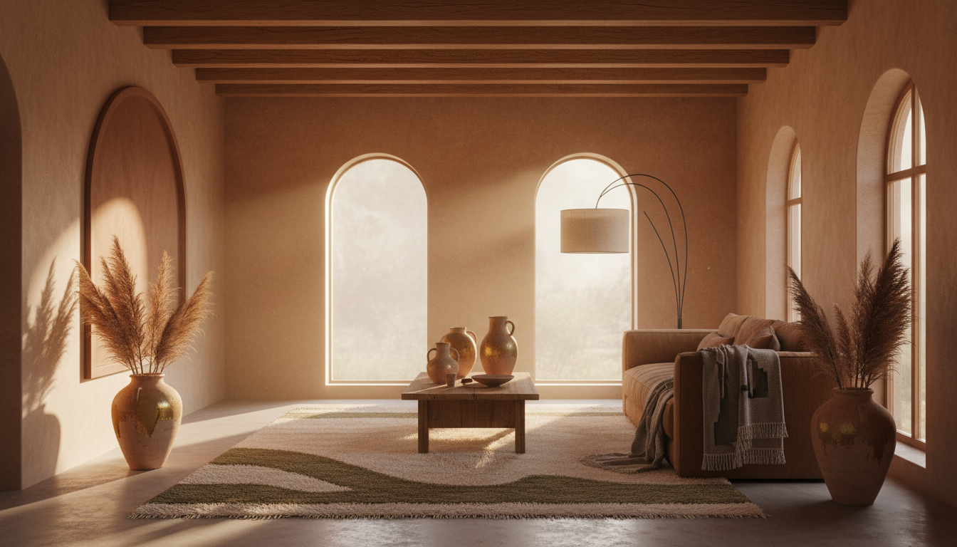 Modern living room with arched windows, a sofa, coffee table, and decorative vases with a hanging floor lamp.