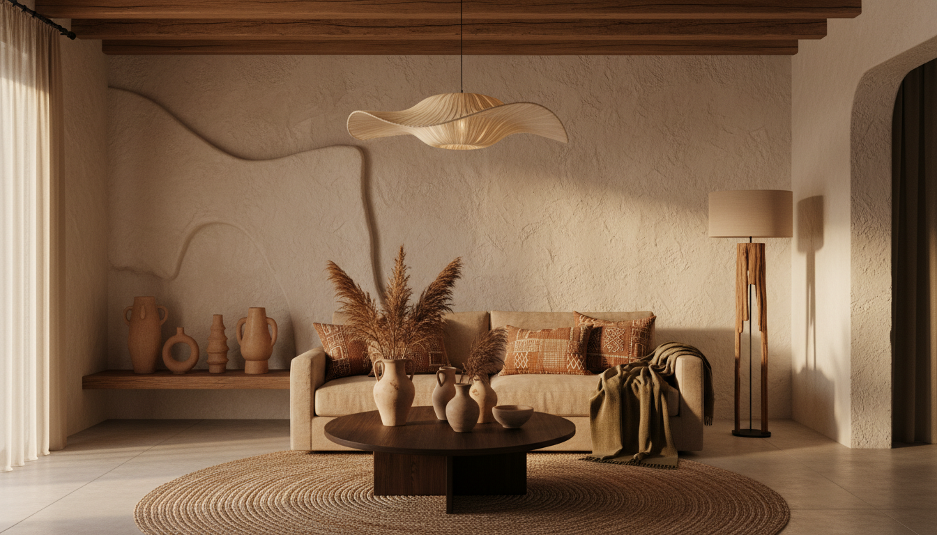 Textured modern artisan home interior with a sculptural pendant light fixture and a handcrafted floor lamp.