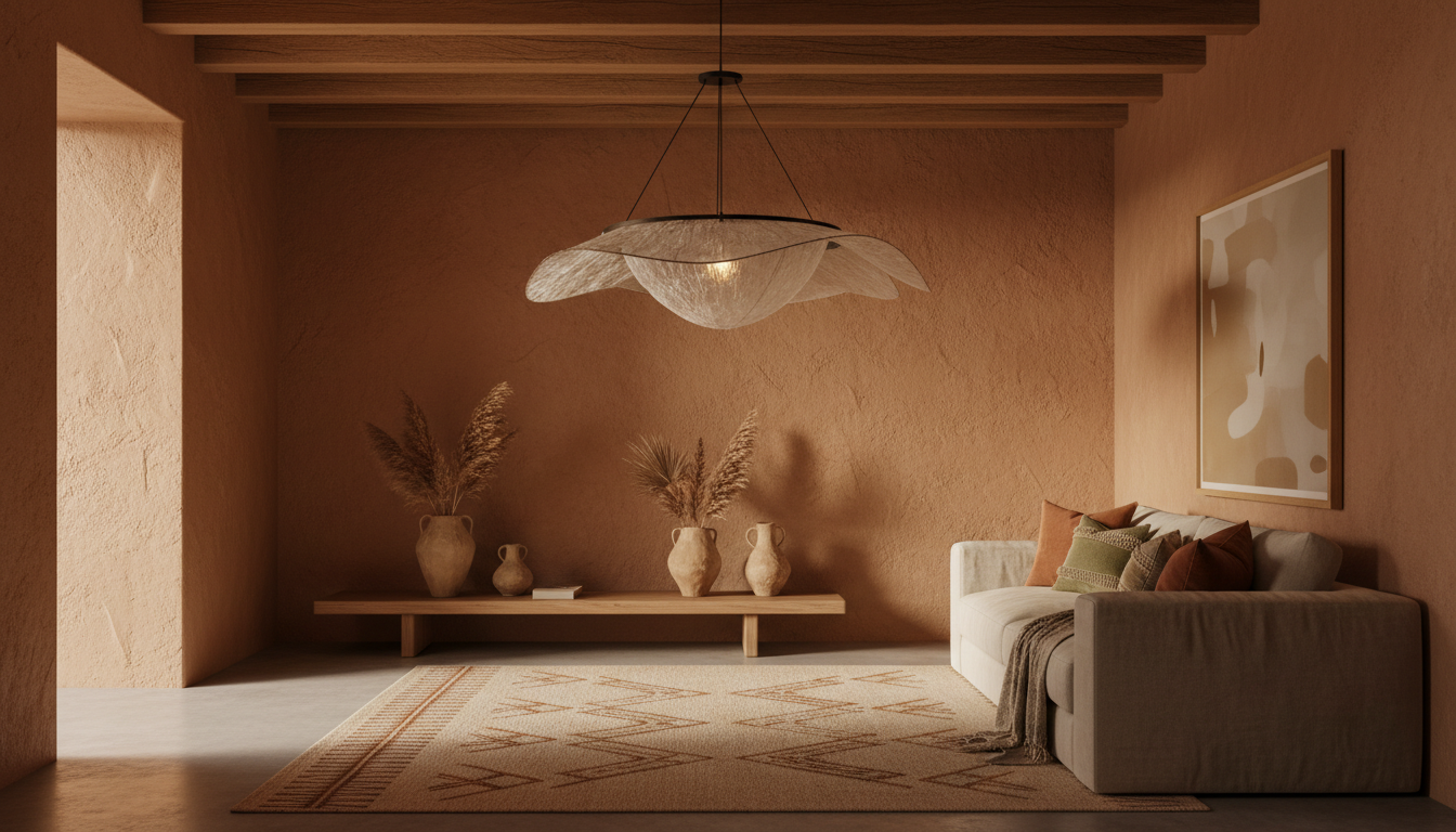 Modern living room with a textured wall, decorative plants, and an artisan sculptural chandelier.