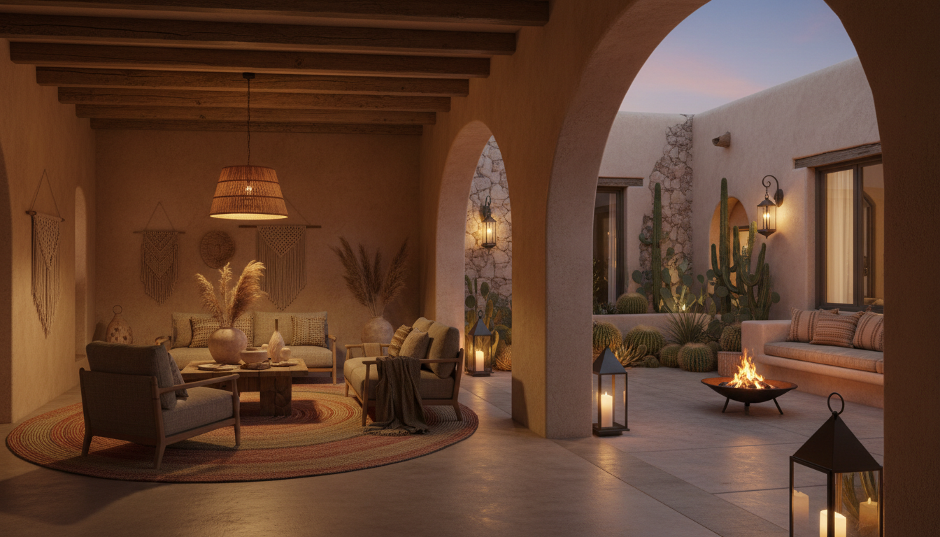 Cozy outdoor patio with seating area, fire pit, and decorative elements with candles and an exterior hanging light.