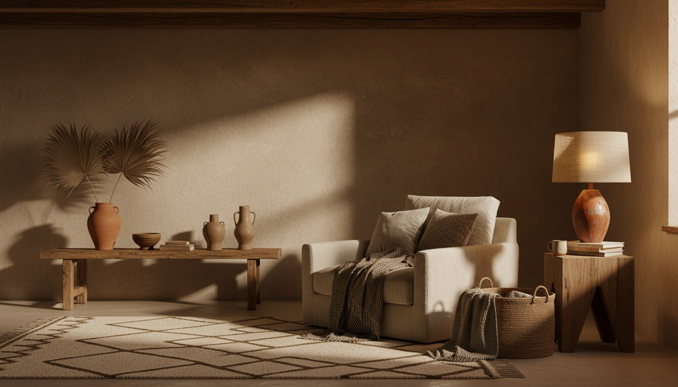 A cozy reading corner with an artisan pottery table lamp on a wooden side table. 