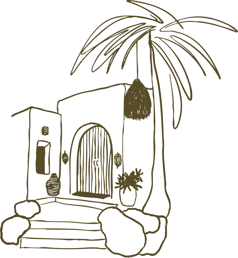 Hand-drawn illustration of the exterior of an artisan desert home