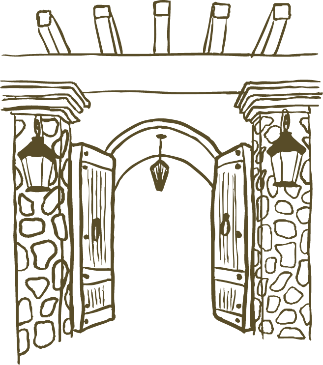 Hand-drawn illustration of a hand-crafted rock entryway with wood doors and rustic, luxury light fixtures.