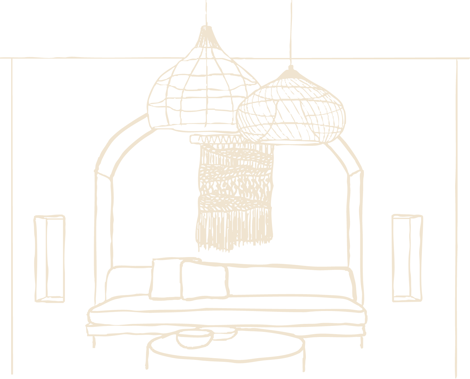Hand-drawn illustration of a desert inspired living room with hand-crafted pendant lights.